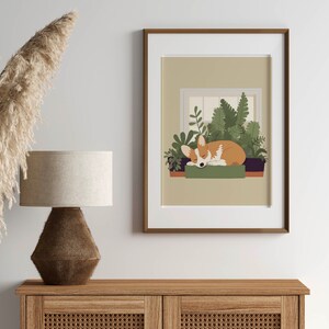 Schattige Corgi op vensterbank afdrukbare kunst met weelderige planten, minimalistische Boho poster in aardetinten, uniek cadeau voor honden en plantenliefhebbers afbeelding 6