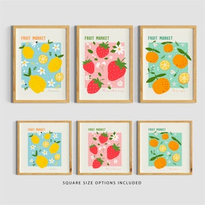 Fruit Market poster, Kitchen Food market Poster, Dining room Art Prints Set of 3, Digital Download, Strawberry prints, trendy lemon prints image 2