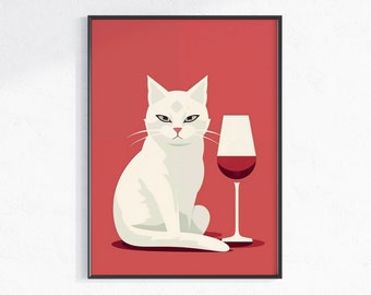 Chagrijnige witte kat & wijn digitale print, minimalistische rode en witte poster kunst digitale download, perfect cadeau voor katten- en wijnliefhebbers