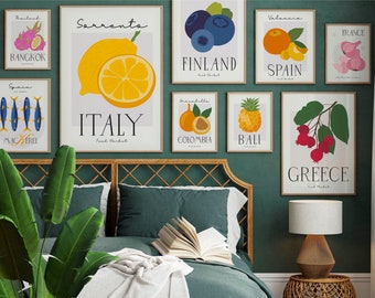 Dining room Art Prints Set of 9, Italy Lemon Food market Poster, Digital Download, Fruit Market Kitchen Wall Decor, Spain Orange Print