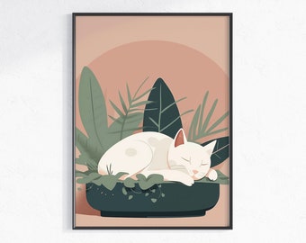 Slapende witte Curling Cat afdrukbare kunst - roze aardse getinte Boho Poster voor Home Decor - Cat Lover Gift digitale download afdrukbare poster