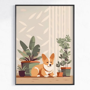 Simpatico poster di cane Corgi e verde - Download digitale, arredamento amante delle piante, stampa Serene Boho Corgi, regalo perfetto per i genitori di cani