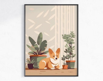 Schattige Corgi Dog & Greenery Poster - Digitale download, Plant Lover Decor, Serene Boho Corgi Print, Perfect cadeau voor hondenouders