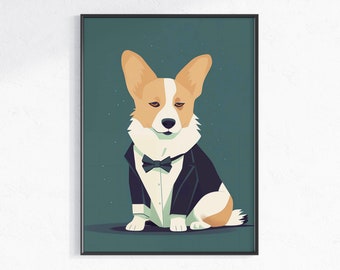 Charmante sexy Corgi die smoking draagt, Engelse Agent Dog Artwork, James Bond-geïnspireerde hondenprint, Corgi in Tuxedo als Britse spion, corgi-eigenaar