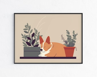 Cute Corgi on Shelf with Plants Printable - Beige Green Boho Decor - Digital Download Corgi Lover Poster - Plant Enthusiast Gift