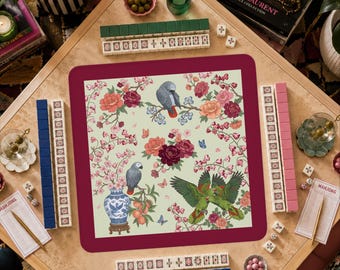 American Mahjong Mat Non Slip Chinoiserie Parrot Table Cover, Ginger Jar Floral Tile Pad, Grandmillennial Hostess Gift-MJ276