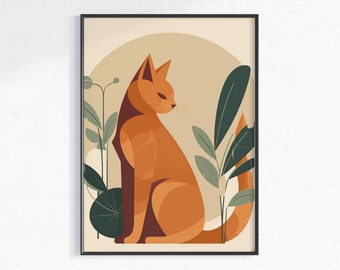 Earthy Tone Ginger Cat and Plants Poster - Digital Boho Home Decor - Minimalist Boho Cat & Plants Art, Earthy Tone Decor Gift - Cat Lovers