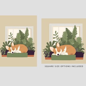 Schattige Corgi op vensterbank afdrukbare kunst met weelderige planten, minimalistische Boho poster in aardetinten, uniek cadeau voor honden en plantenliefhebbers afbeelding 2