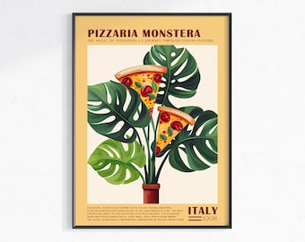 Vintage Pizza Poster, Food Print, Retro Wall Art, Modern Kitchen Decor, Modern Botanical Art, Plant lover poster, digital download