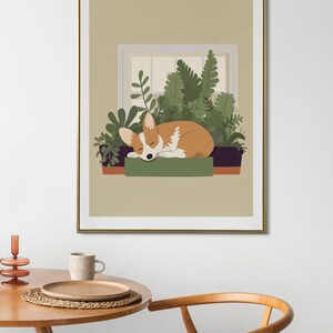 Schattige Corgi op vensterbank afdrukbare kunst met weelderige planten, minimalistische Boho poster in aardetinten, uniek cadeau voor honden en plantenliefhebbers afbeelding 7