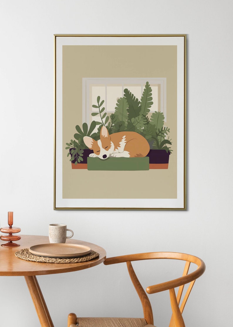 Schattige Corgi op vensterbank afdrukbare kunst met weelderige planten, minimalistische Boho poster in aardetinten, uniek cadeau voor honden en plantenliefhebbers afbeelding 7