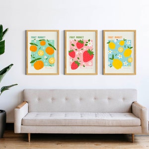 Fruit Market poster, Kitchen Food market Poster, Dining room Art Prints Set of 3, Digital Download, Strawberry prints, trendy lemon prints image 6