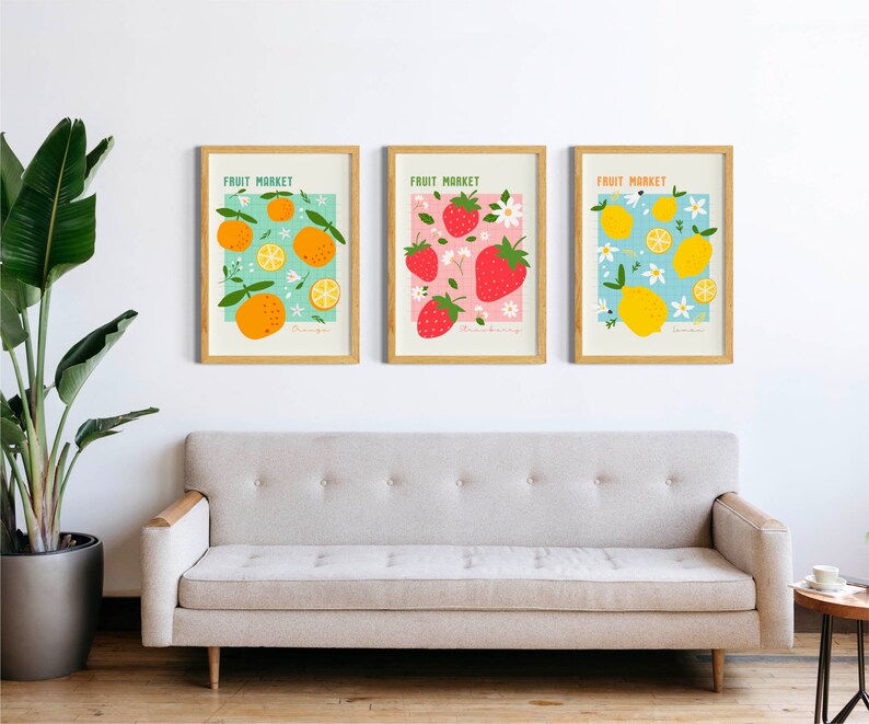 Fruit Market poster, Kitchen Food market Poster, Dining room Art Prints Set of 3, Digital Download, Strawberry prints, trendy lemon prints image 6