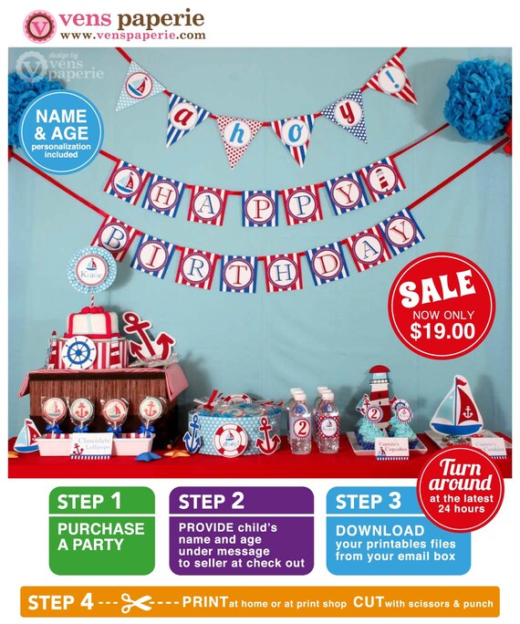 Nautical Birthday Party Package Personalized FULL Collection Set - PRINTABLE DIY - PS826CA1x Il_570xn