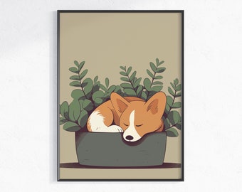 Corgi-in-Pot Boho Poster Download - Rustige Corgi Plant Art voor een vredige sfeer - Ideaal cadeau voor ouders van huisdieren en botanische liefhebbers