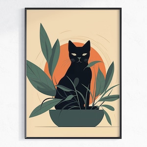 Boho Black Cat and Plants Printable Wall Art, Digital Download, Plant Lover Gift, Minimalist earth tone art poster, black cat lover gift