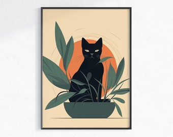 Boho zwarte kat en planten afdrukbare muurkunst, digitale download, plant minnaar cadeau, minimalistische aardetoon kunstposter, zwarte kat minnaar cadeau