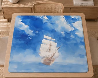 Tapis de mahjong voilier bleu, tapis de table aquarelle nautique, décor maritime, cadeau de mahjong américain, style amateur de voile côtière