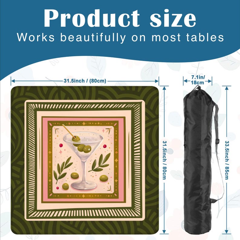 Mahjong Table Mat, Olive Green Decor, Retro Martini, Table Protector Mat