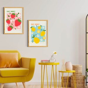 Fruit Market poster, Kitchen Food market Poster, Dining room Art Prints Set of 3, Digital Download, Strawberry prints, trendy lemon prints image 7