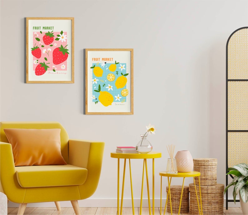 Fruit Market poster, Kitchen Food market Poster, Dining room Art Prints Set of 3, Digital Download, Strawberry prints, trendy lemon prints image 7