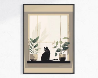 Black Cat & Window Sill Plants Printable - Earthy Tone Boho Poster - Unique Black Cat Lover Digital Art Gift