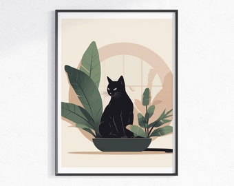 Kat en planten afdrukbare kunst - minimalistische zwarte kat Boho Poster - aardse Toon Home Decor Gift