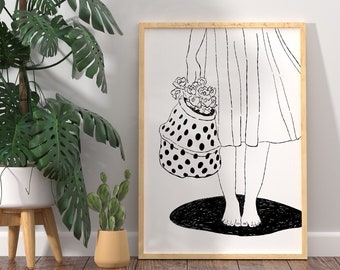 Flower Woman Line art print, Floral Girl Wall Art, Neutral Decor, Black White Modern Wall Art, Female Line Drawing, Spring Home Decor