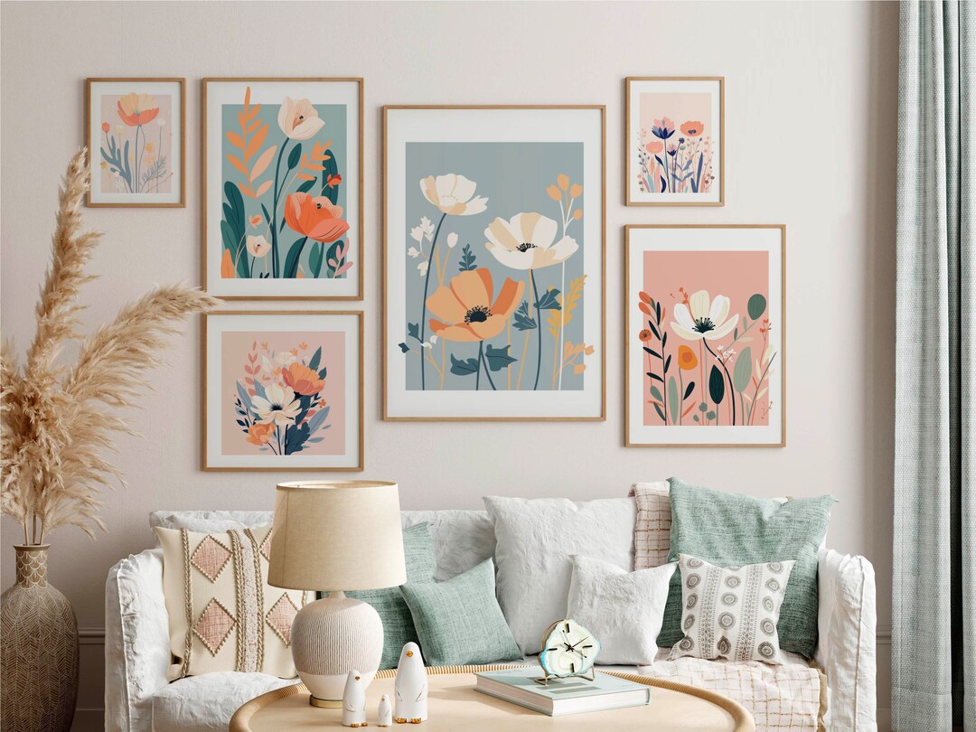Pastel Flower Wall Art Set of 6, Floral Art Prints, Botanical Poster ...