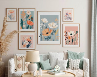 Pastel Flower Wall Art Set of 6, Floral Art Prints, Botanical Poster Set, Spring Flower Prints, Colorful Gallery Prints, Digital Art Print