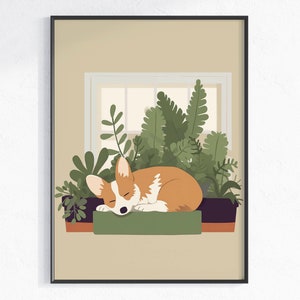 Schattige Corgi op vensterbank afdrukbare kunst met weelderige planten, minimalistische Boho poster in aardetinten, uniek cadeau voor honden en plantenliefhebbers afbeelding 1