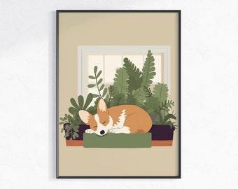 Schattige Corgi op vensterbank afdrukbare kunst met weelderige planten, minimalistische Boho poster in aardetinten, uniek cadeau voor honden- en plantenliefhebbers
