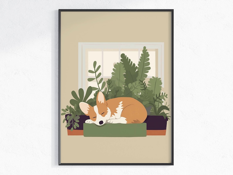 Schattige Corgi op vensterbank afdrukbare kunst met weelderige planten, minimalistische Boho poster in aardetinten, uniek cadeau voor honden en plantenliefhebbers afbeelding 1