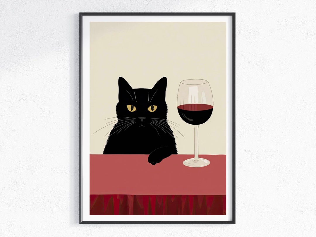 Wine Cat Art Prints, Cat in Arts Painting, Black Cat Poster Printable ...