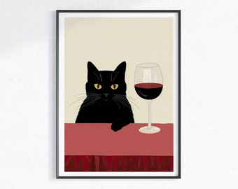 Wine Cat Art Prints, Cat in arts Painting, Black Cat Poster Printable Wall Art, Digital Download, Cat Lover gift, Wine lover gift idea