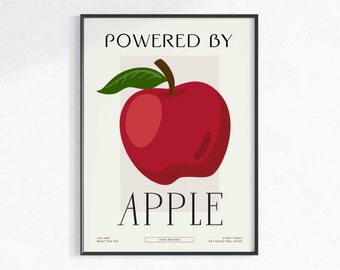 Powered by apple Art Print, Digital download, kitchen decor printables art, Healthy Eating, fruit print, Save The Planet, Vegetarian gift