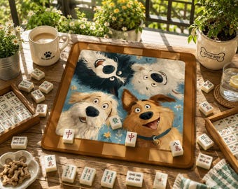 Dog Mahjong Mat, Green Table Protector, Cute Puppy Art