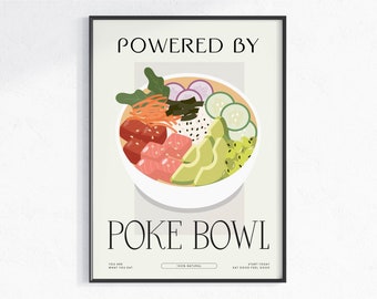 Powered by Poke Bowl Art Print, Digital Poster, Food market poster , Vegan Vegetarian Poster, dining room, cafe, healthy living