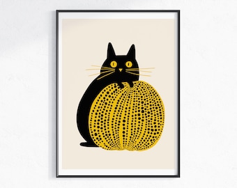 Pumpkin Cat Prints, Yayoi Kusama Cat in arts Painting, Black Cat Fine Art Printable Wall Art, Digital Download, Cat Lover gift, cat owner