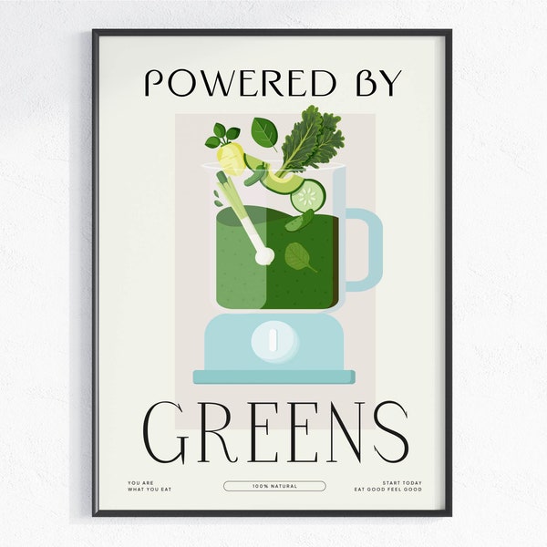 Powered by Green Smoothie Art Print, Green Smoothie lover gifts, Food prints, Vegan Vegetarian Poster, cafe, dining room, digital poster