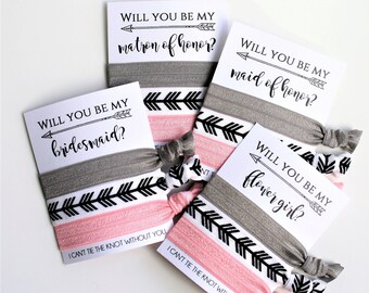 Bridesmaid Gift Hair Tie Favors | Will you be my Bridesmaid Hair Ties | I can't tie the knot without you | MOH Bridesmaid Gift | Rose Gold
