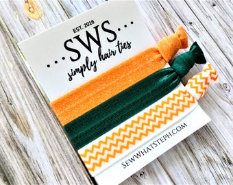 University of Miami Hair Ties | UM Hair Tie Favors | Hurricanes Football Hair Ties | Orange & Green | Chevron | Sparkle | 3ct