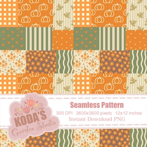 Boho Fall Patchwork Seamless Pattern,Autumn Plaid,Pumpkin,Floral,Polka Dots, Gingham Flattened,PNG Digital Download
