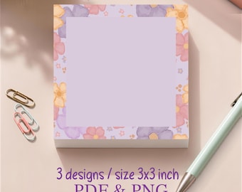 Floral Design Printable Square Notepad, Memo Sheet, To do list,Digital Download PDF & PNG
