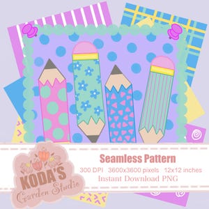 May include: A digital graphic featuring four stylized pencils with pink erasers, each displaying a unique pattern of dots, flowers, triangles, or stripes, set against a light purple background with blue polka dots, framed by a scalloped border.