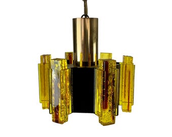 Acrylic Claus Bolby Pendant Lamp - 1970s yellow, black, and brass.