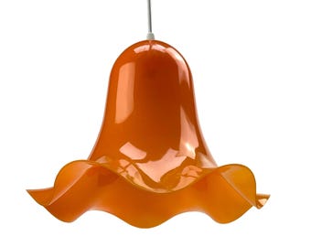 Flower-shaped lamp pendant from the 70s, orange plastic, rim with a wave look.