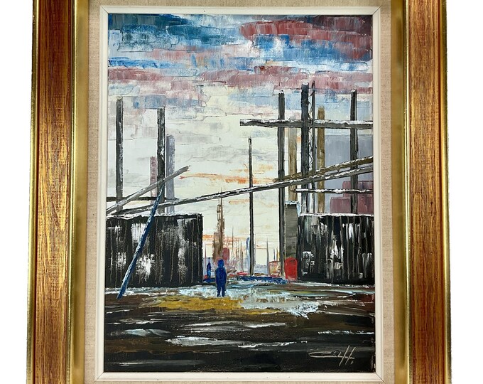 Original oil painting, "City Chaos" framed in  3 mount retro frame.