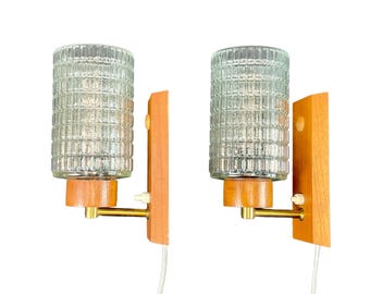Vintage wall lamp sconces, wood, teak, and glass, a pair 1960s