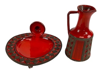 2 pcs Danish ceramic vase and candleholder by Frank Rasmussen. Deep orange pottery 1970s
